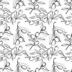 Vector Olive branch with fruit. Black and white engraved ink art. Seamless background pattern.