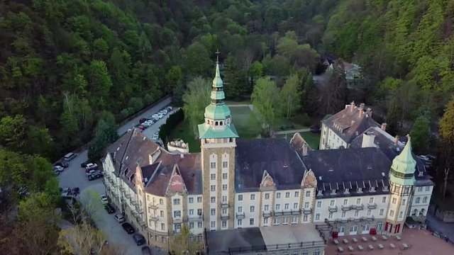 aerial view of Lillafured Castle in Miskolc, Aerial video shows the castle of Lillafüred near Miskolc, Hungary
