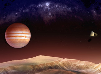 Landscape in the mountains of Mars with a view of Jupiter and Saturn among the Milky Way
