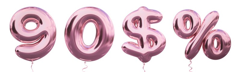 Brilliant balloon number 9, 0, $, % with Pastel purple color or violet color. Realistic metallic air balloon number 3d rendering for your trendy and stylish font set in several occasion
