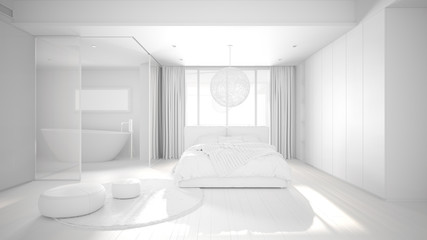Total white project of luxury contemporary bedroom with bathroom, parquet floor, big panoramic window, stained glass, double bed, bathtub, carpet, poufs, minimalistic interior design