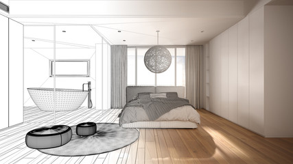 Architect interior designer concept: unfinished project that becomes real, luxury bedroom with bathroom, parquet, panoramic window, bed, bathtub, modern architecture concept idea