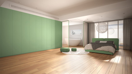 Luxury contemporary bedroom with bathroom, parquet floor, big panoramic window, stained glass, double bed, bathtub, carpet, poufs, minimalistic clean white and green interior design