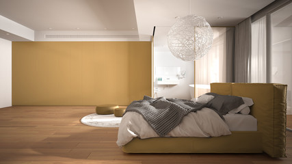Luxury contemporary bedroom with bathroom, parquet floor, big panoramic window, stained glass, double bed, bathtub, carpet, poufs, minimalistic clean white and yellow interior design