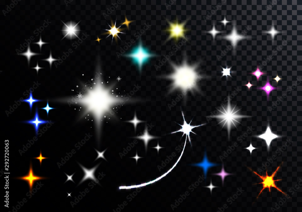 Poster set of sparkling and twinkling stars. vector shiny iridescent light beams. transparent bright flash