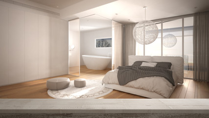 Wooden vintage table top or shelf closeup, zen mood, over contemporary minimalist bedroom with double bed, blankets, bathroom and panoramic window, white architecture interior design