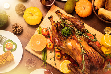 Homemade Roasted Thanksgiving Day festive tradition ideas concept Delicious Turkey with all the...