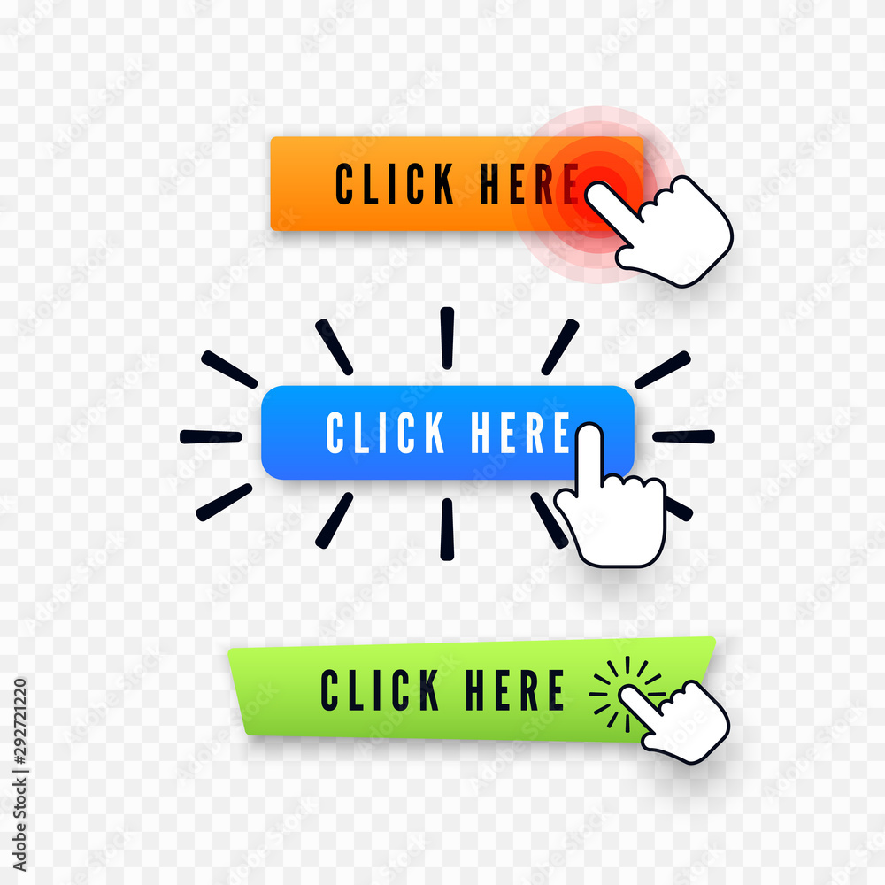 Poster hand cursor over button with text click here. web icons element. set of different buttons. vector il