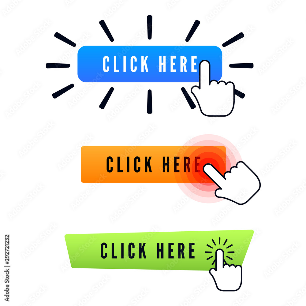 Poster hand cursor over button with text click here. set of different buttons. web icons element. vector il
