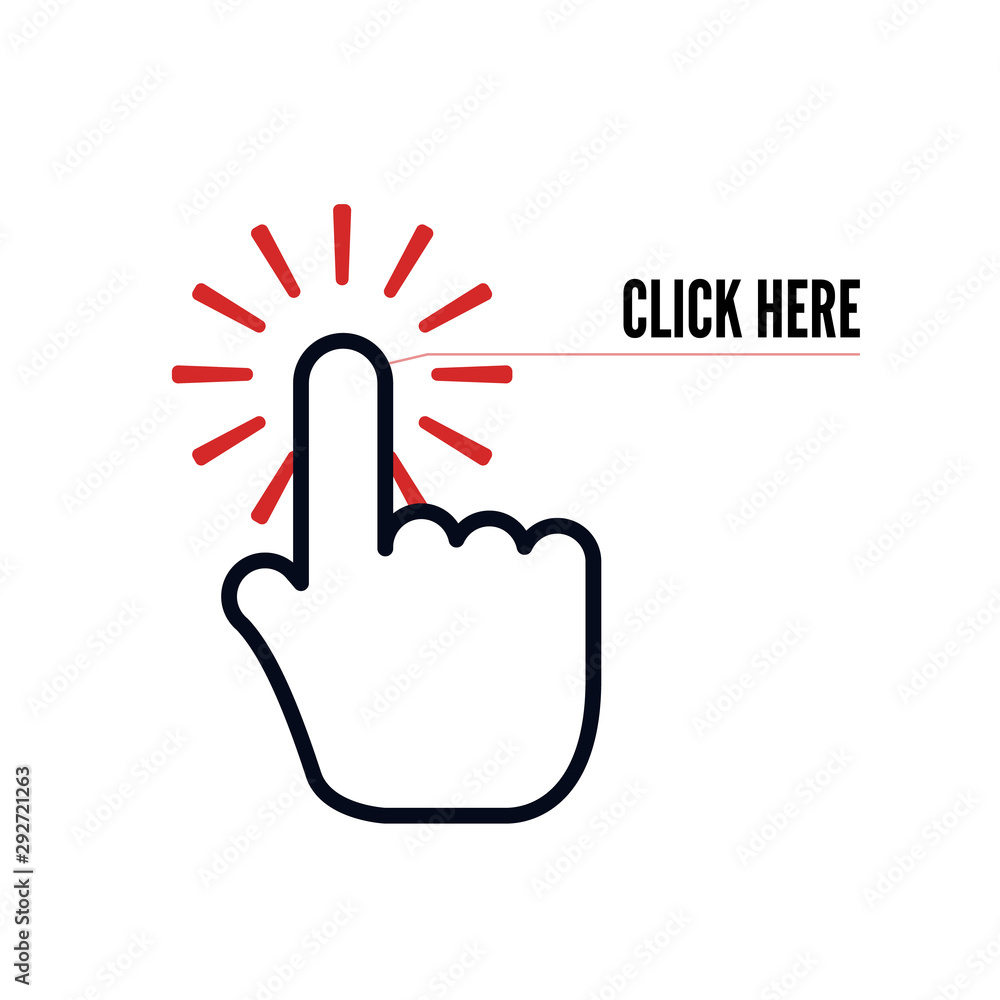 Poster hand cursor with animation of action and text click here on white background. web icons element. vec