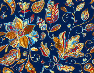 Grunge seamless hand painted floral pattern with grunge beige paisley, frowers, tulips on blue. Freehand watercolor vintage oriental print. Colorful turkish whimsical background for design