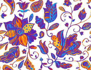 Paisley watercolor floral pattern tile:  flowers, flores, tulips, leaves. Oriental indian traditional hand painted water color whimsical seamless print, ceramic design. Abstract india batik background