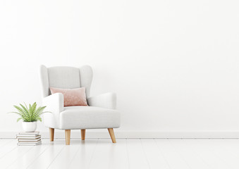 Living room interior wall mockup with white fabric armchair, pink pillow and green fern plant on empty white wall background. 3D rendering, illustration.