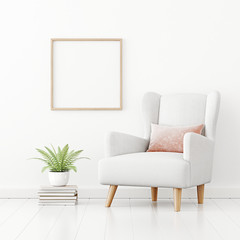 Poster mockup with square wooden frame hanging on the wall in living room interior with armchair, pink pillow and green fern plant on empty white background. 3D rendering, illustration.