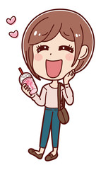 イラスト素材：フラペチーノを飲む女子