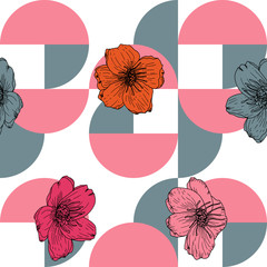 Stylized anemone or poppies flowers, vector seamless pattern. Hand drawn floral background in retro pastel colores and geometric shapes.