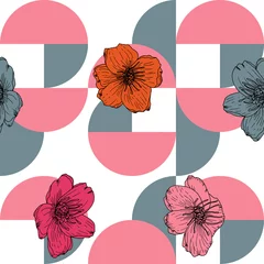 Wall murals Poppies Stylized anemone or poppies flowers, vector seamless pattern. Hand drawn floral background in retro pastel colores and geometric shapes.