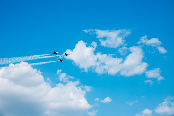 The planes makes a maneuver. Airplane in the sky - Passenger Airliner / aircraft