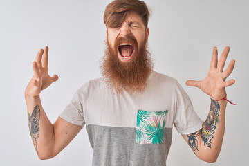 Young redhead irish man wearing t-shirt standing over isolated white background celebrating mad and crazy for success with arms raised and closed eyes screaming excited. Winner concept