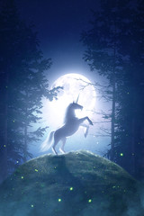 Fairy Tale unicorn in a moonlight night forest - 3D rendering © danielegay
