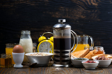 freshly brewed coffee and an assortment of breakfast foods