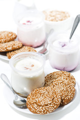 fruit yoghurt and oatmeal cookies, vertical top view