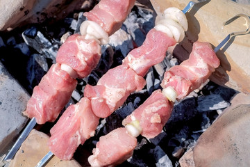 Shashlik cooking on skewers on stone handmade campfire with hot charcoals, closeup top view.