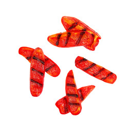 grilled sliced red bell pepper isolated on white background. Top view.