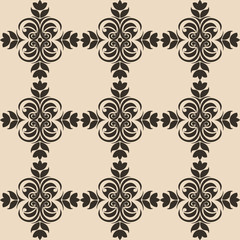 Seamless Pattern of abstract elements or butterflies and leaves with black flowers on a brown background. Decoration for fabrics or tiles.