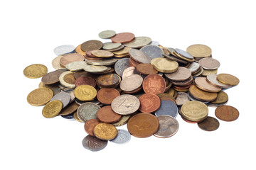 Different country coins on a white background