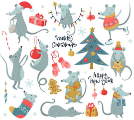 Vector collection of 2020 Chinese New Year simbol. Hand drawn set of cute mice with Santa hat, fir, gifts, garland.