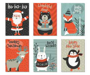 Fototapeta premium Vector set of six Christmas greeting cards with cute animals and holiday simbols.