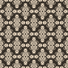 Periodic Seamless Pattern of abstract elements or butterflies and leaves with beige flowers on a brown background. Decoration for fabrics or tiles.