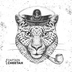 Hipster animal cheetah captain's cap and smoking pipe. Hand drawing Muzzle of cheetah