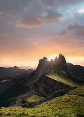 Most beautiful sunrise over rugged Seceda Mountains in the Dolomites