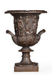 cast iron bronzed old garden urn isolated on white