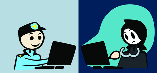 hacker_policeman_computer_handcuffs_catch_blue spot light__by jziprian