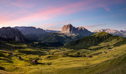 Sunrise in Alpine Meadow wonderland - Seceda Seiser Alm in Dolomites - obrazy, fototapety, plakaty