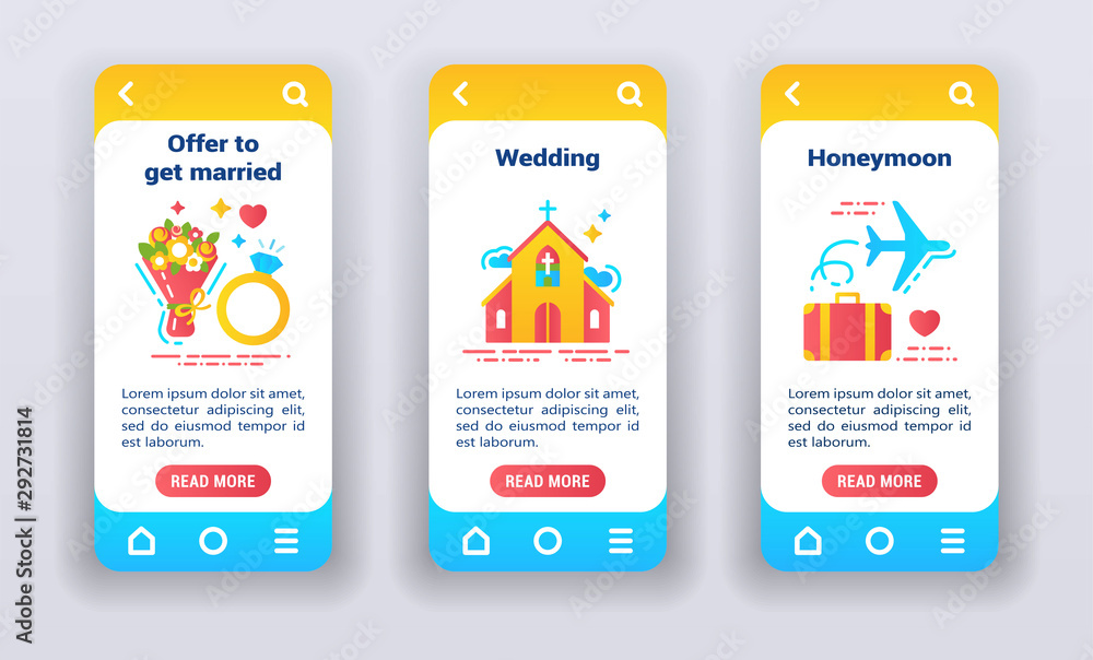 Poster marriage on mobile app onboarding screens. ui ux gui template.