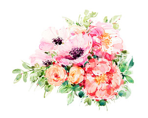 Watercolor flowers. Watercolor botanical illustration. Sketch. Botanic. A tender bouquet on a white background. Watercolor peony