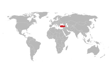Fototapeta na wymiar World with highlighted red marked turkey map