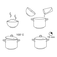 How to cook rice with few ingredients easy recipe. Instruction on rice making process for breakfast. Hot bowl with tasty food.