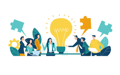 Team of professional people talking over the meeting. light bulb as a symbol of new idea and finding solution. Developing, taking a risk, support and solving the problem business concept illustration. - obrazy, fototapety, plakaty