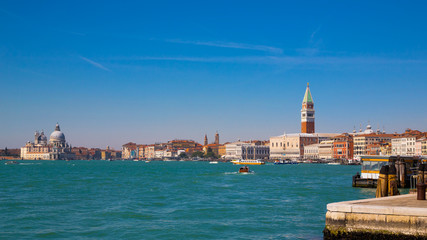 Venice panoramic landmark, aerial view of Piazza San Marco or st Mark square and The Basilica of St Mary of Health. Italy, Europe.
