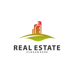 Nature Building Idea logo template, Modern City with Leaf logo designs concept, Real Estate logo Vector Illustration