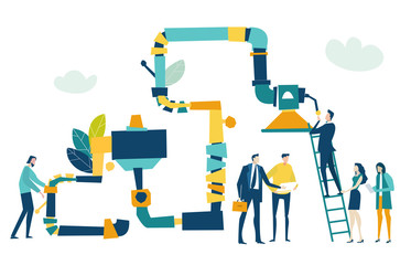 People building contraction with the pipes. Developing, taking a risk, support and solving the problem business concept illustration.