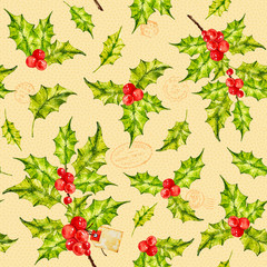 Watercolor Holly. Christmas Holly With Red Berries. Traditional festive decoration. Holly branch with red berries on white. Happy New Year. Watercolor Merry Christmas. Seamless pattern