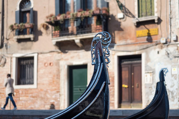 Fototapeta na wymiar Close up view of the nose of a Venetian gondola boat