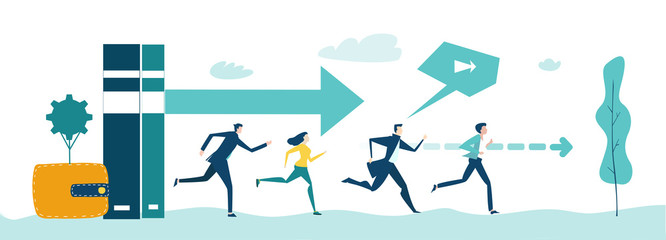 People running and cycling to work. Busy modern life concept illustration