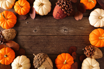 Fall frame of mixed pumpkins and acorn decor. Above view on a rustic dark wood background with copy...